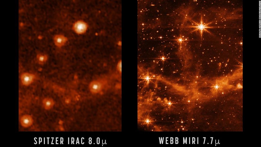 Compara la nitidez y el nivel de detalle capturados por el telescopio espacial Spitzer (izquierda) y el telescopio espacial James Webb (derecha).