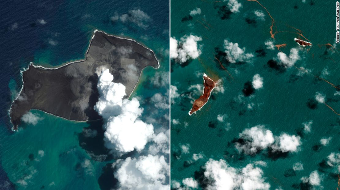 (Desde la izquierda) Las imágenes de satélite del 6 y el 18 de enero muestran el impacto de las erupciones volcánicas cerca de Tonga.