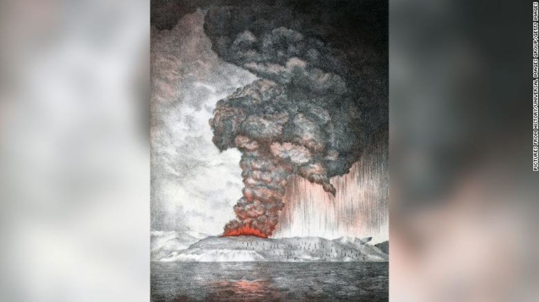 Una litografía ilustra las nubes que brotan del volcán Krakatoa durante la catastrófica erupción de 1883 en el suroeste de Indonesia.