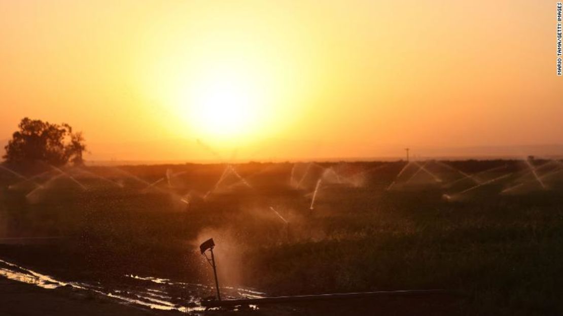 Rociadores de campos de agua en el condado de Kern.