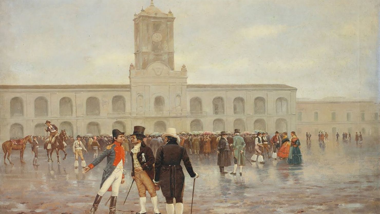 Una representación de la semana de mayo de 1810, frente al Cabildo de Buenos Aires.