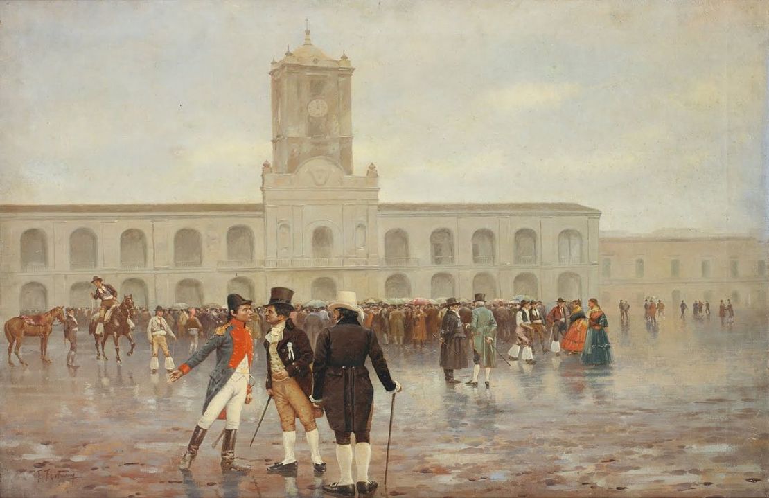 Una representación de la semana de mayo de 1810, frente al Cabildo de Buenos Aires.