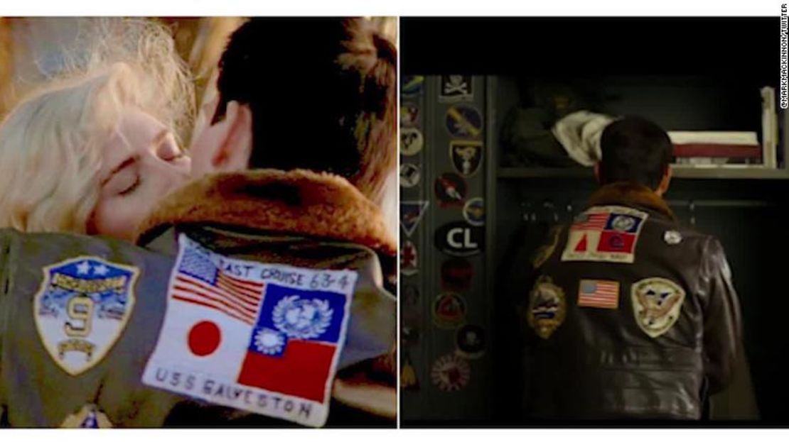 En el tráiler de "Top Gun: Maverick", los dos parches de la chaqueta, que originalmente mostraban las banderas de Japón y Taiwán (izquierda) parecían haber sido cambiados y sustituidos por dos símbolos ambiguos.