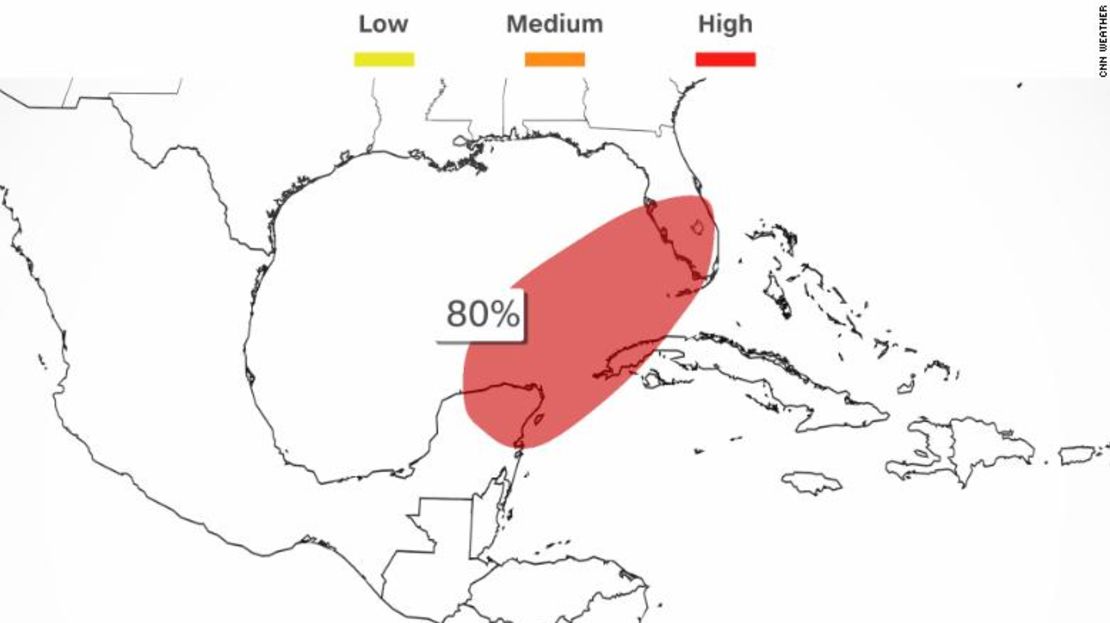 La zona roja muestra el sitio probable de la formación tropical.