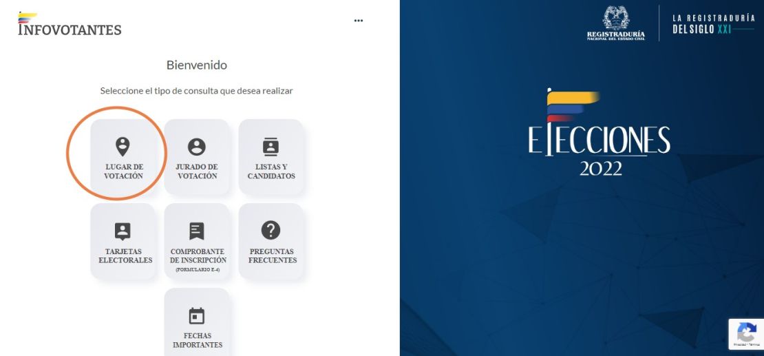 La opción de "Lugar de votación" en la página web de las elecciones.
