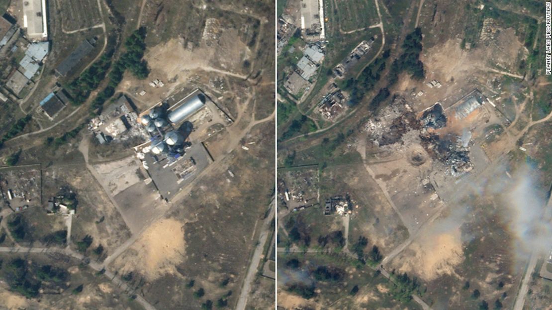 Las imágenes de satélite tomadas el 8 y el 21 de abril muestran un silo de cereales en Rubizhne, en el este de Ucrania, antes y después de su destrucción.