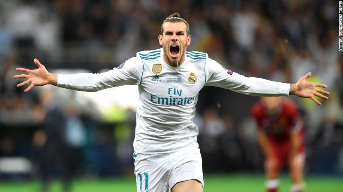 Bale celebra marcar el segundo gol del Real Madrid durante la final de la UEFA Champions League contra el Liverpool en 2018.