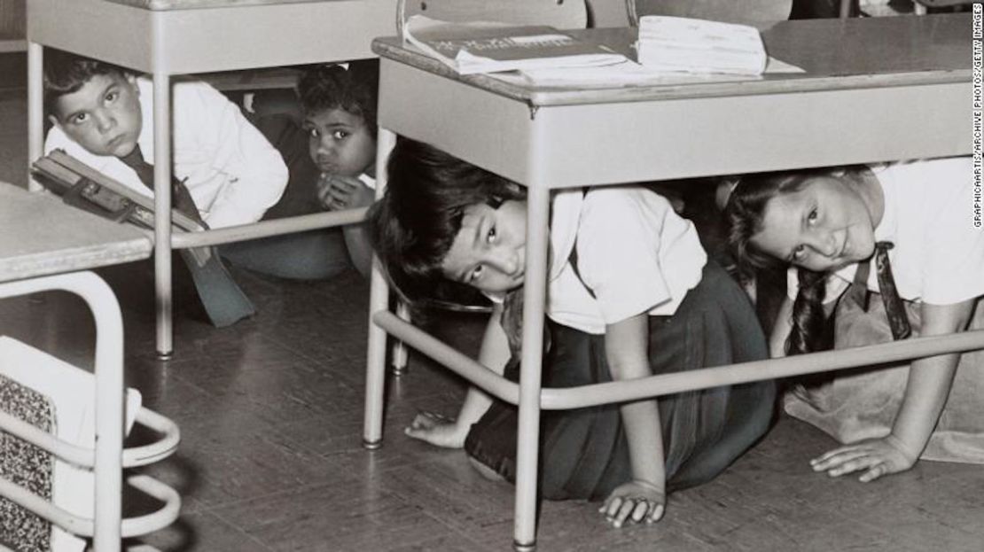 Estudiantes de una escuela secundaria de Brooklyn en posición "agacharse y cubrirse" durante un simulacro de práctica para un ataque nuclear en 1962.