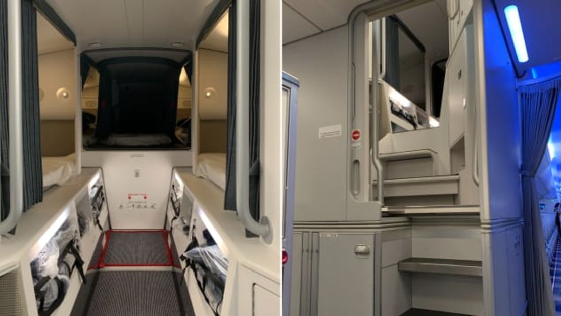 Una imagen dividida de una zona de descanso de la tripulación de cabina del A350 de Finnair. A la derecha está la entrada, a la que se accede desde la cocina delantera. Crédito: Aleksi Kousmanen / Finnair