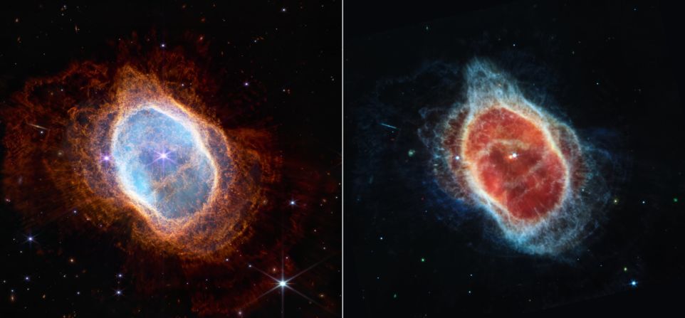 Esta imagen compara observaciones de la Nebulosa del Anillo Sur en luz infrarroja cercana, a la izquierda, y en luz infrarroja media, a la derecha, del Telescopio Webb. La nebulosa se encuentra aproximadamente a 2.500 años luz de distancia, según la NASA, e incluye una nube de gas en expansión alrededor de una estrella que está muriendo.