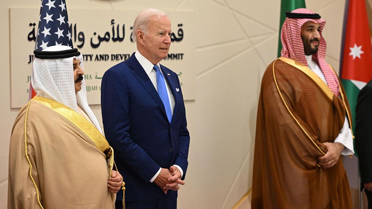 (L to R) Bahrain's King Hamad bin Isa bin Salman al-Khalifa, US President Joe Biden, and Saudi Crown Prince Mohammed bin Salman pose together for the family photo during the Jeddah Security and Development Summit (GCC+3) at a hotel in Saudi Arabia's Red Sea coastal city of Jeddah on July 16, 2022. (Photo by MANDEL NGAN / POOL / AFP)