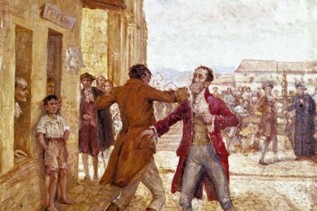 Pelea de Pantaleón Santamaría con González Llorente en la esquina nororiental de la Plaza Mayor hoy en día llamada Plaza de Bolívar.