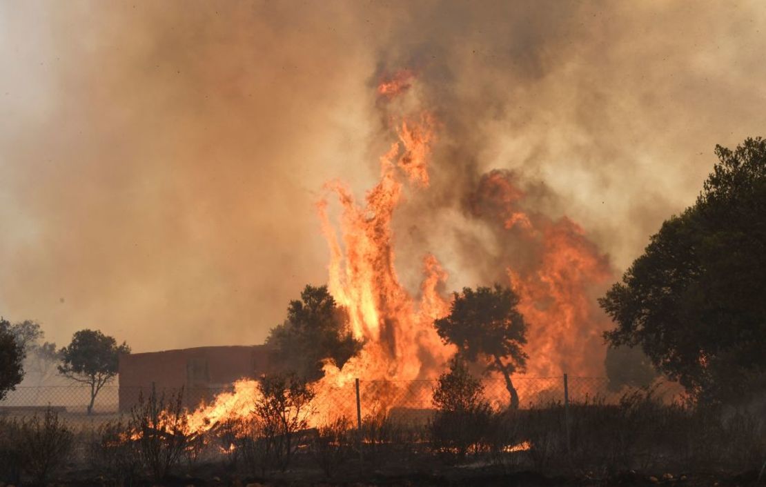 Las llamas se elevan de un incendio forestal cerca del pueblo de Pumarejo, en el norte de España, el 18 de julio de 2022. Los servicios de emergencia lucharon contra varios incendios forestales mientras España seguía atrapada por una ola de calor excepcional que ha visto temperaturas que alcanzan los 43 grados centígrados.