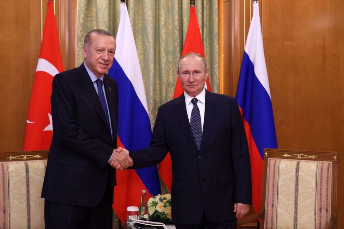 El presidente de Rusia, Vladimir Putin (R), estrecha la mano del presidente turco, Recep Tayyip Erdogan (L), durante una reunión en Sochi, el 5 de agosto de 2022.