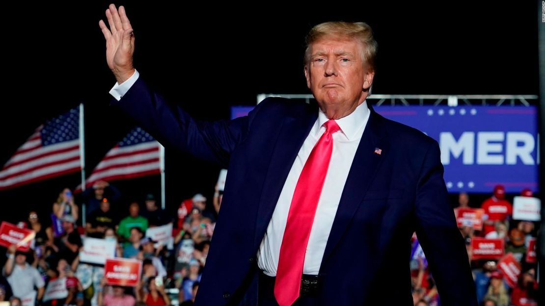 Former President Donald Trump arrives at a rally, late Friday, Aug. 5, 2022, in Waukesha, Wis.