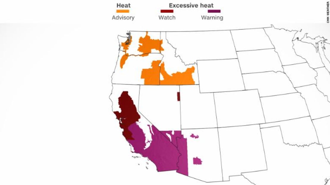 Las áreas bajo aviso por calor están marcadas en naranja; las zonas bajo alerta están en color rojo oscuro y las zonas bajo advertencia por calor excesivo están en color púrpura.