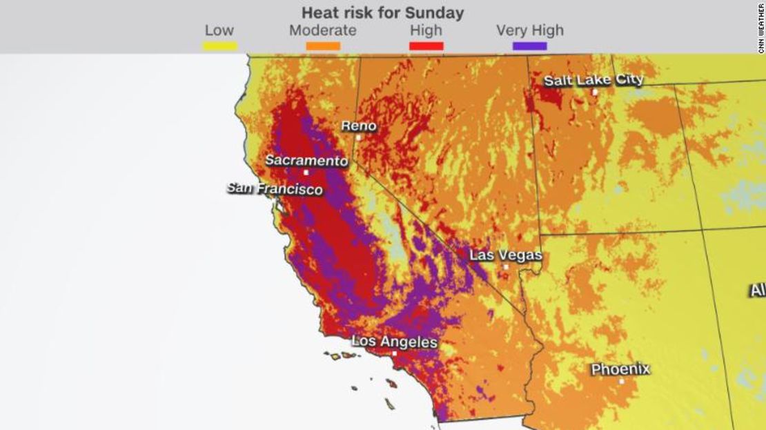 Este mapa muestra el riesgo de calor para el domingo. El riesgo aumenta de izquierda a derecha según el color.