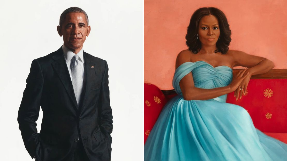 El retrato del expresidente Obama estuvo a cargo de Robert McCurdy y el de Michelle Obama es una obra de Sharon Sprung. Crédito: WHHA