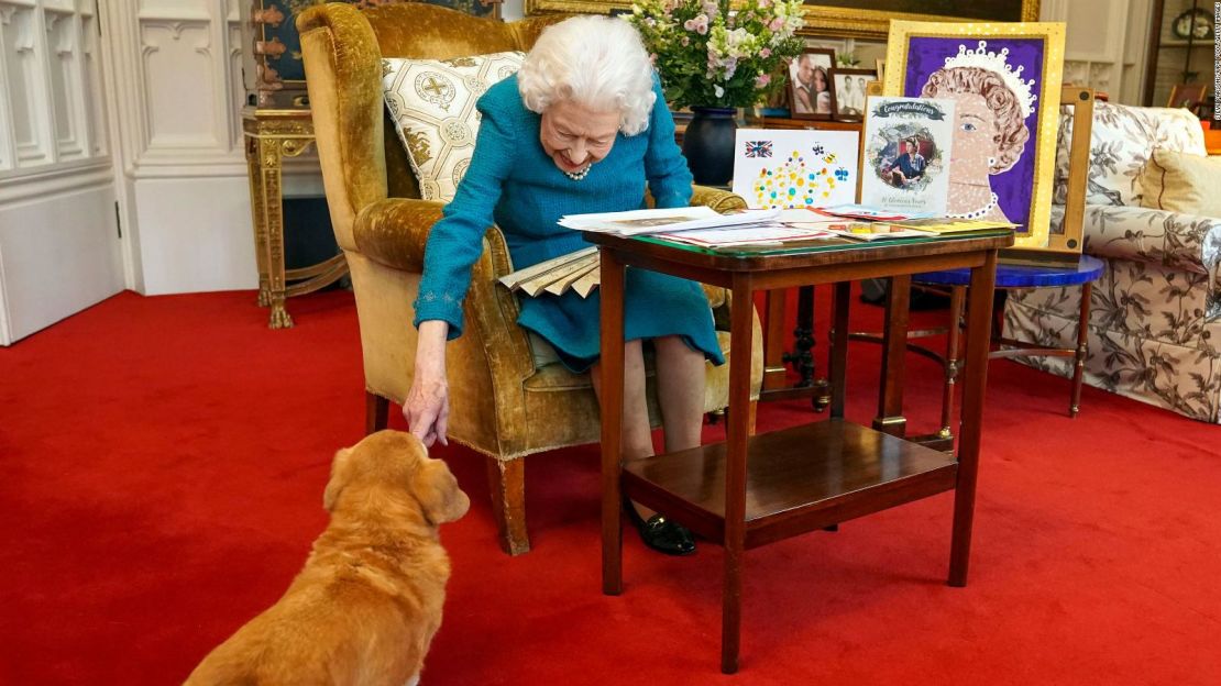 La reina Isabel II acompañada por uno de sus perros, mientras ve una muestra de recuerdos de sus Jubileos de Oro y Platino en el Castillo de Windsor el 4 de febrero de 2022.