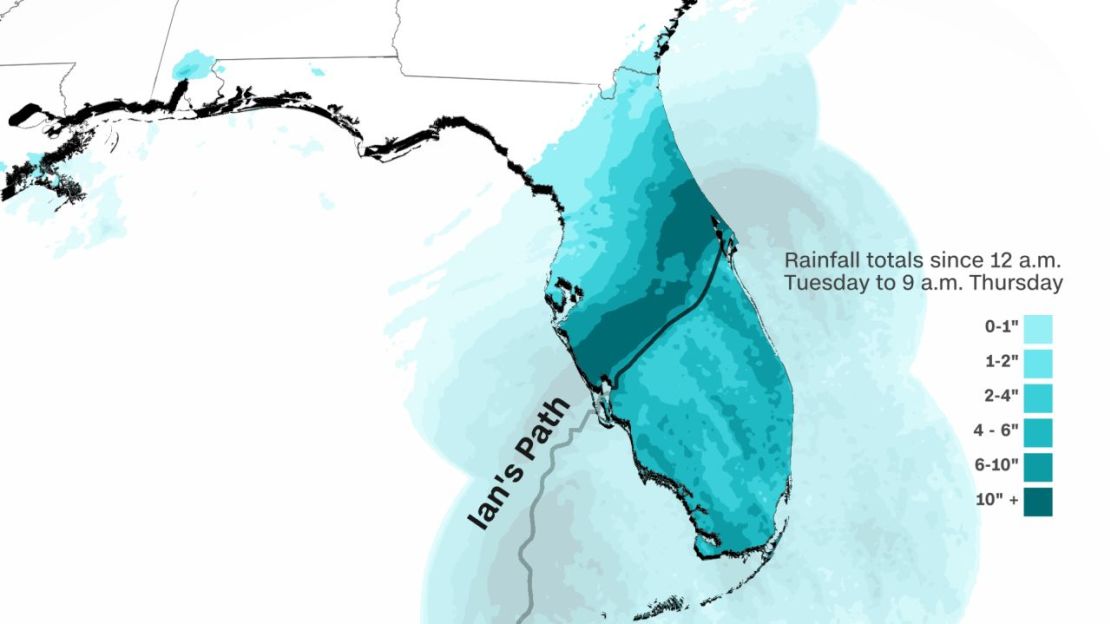 El mapa muestra los totales de caída de lluvia en la Florida, en pulgadas, desde las 12 a.m. del martes hasta las 9 a.m. de este jueves. Crédito: CNN Weather