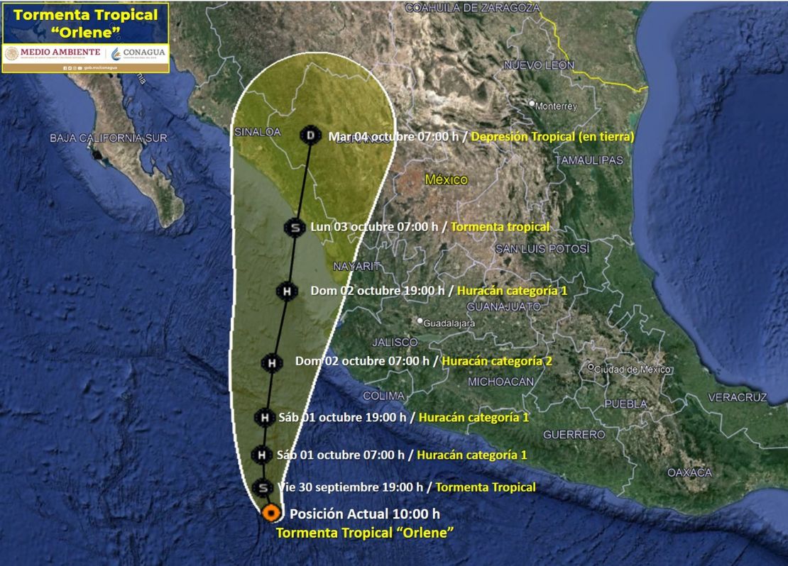 Trayectoria de Orlene proyectada por el Servicio Meteorológico Nacional de México.