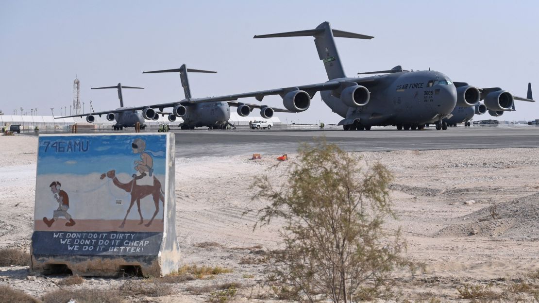 Aviones C-17 Globemaster de la Fuerza Aérea de EE.UU. en la Base Aérea de al-Udeid en Qatar, el 7 de septiembre de 2021.