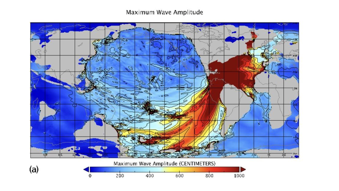 Este modelo muestra la amplitud máxima de la ola del tsunami tras el impacto del asteroide hace 66 millones de años. Crédito:De Range et al