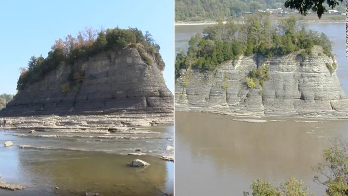 Tower Rock, izquierda, tomada esta semana. Fotografía aérea de Tower Rock, a la derecha, en condiciones normales de agua.