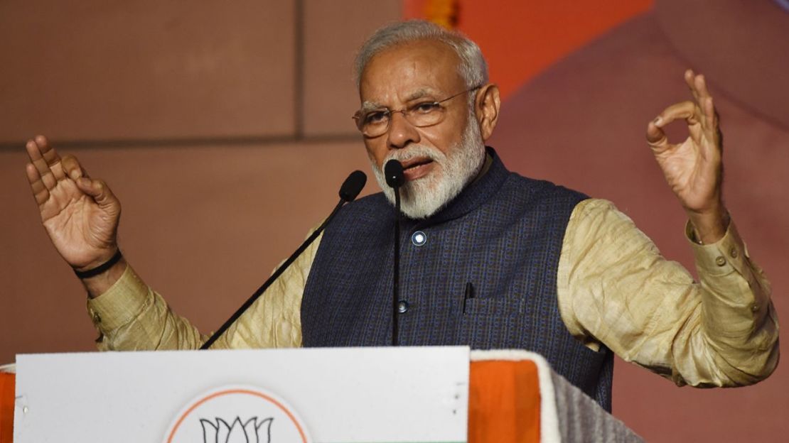 El primer ministro Narendra Modi da un discurso de victoria tras ganar las elecciones generales de la India, en Nueva Delhi el 23 de mayo de 2019. Crédito: Prakash Singh/AFP/Getty Images