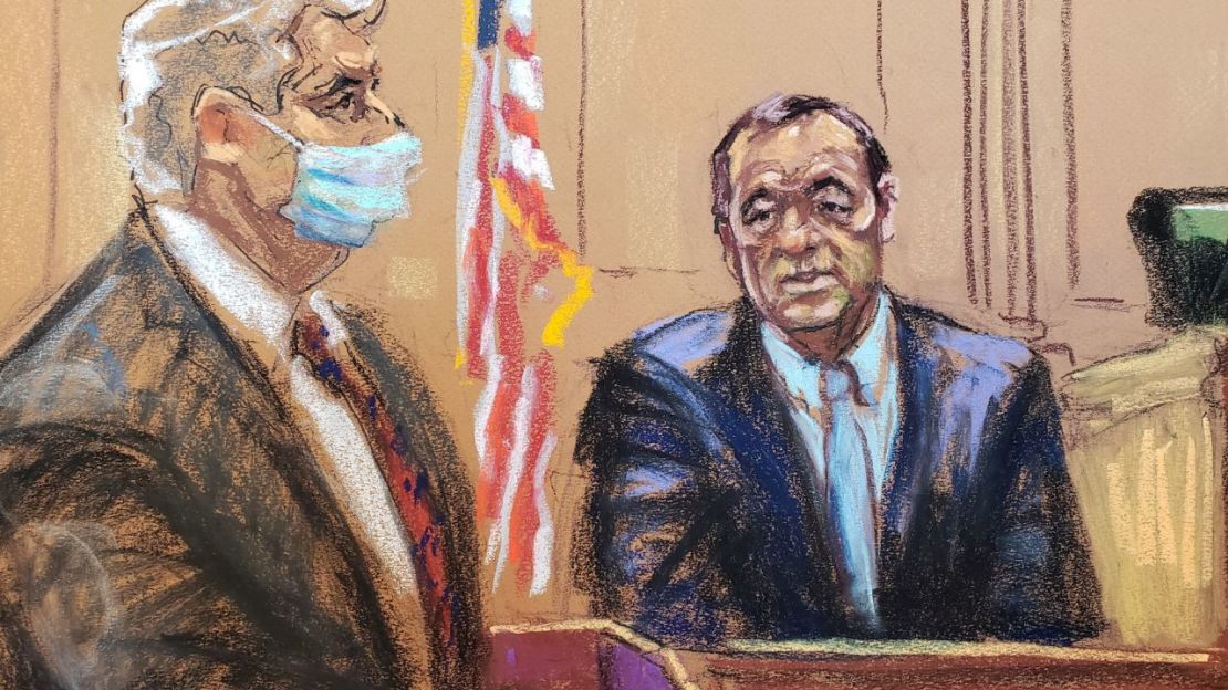 Un boceto de Kevin Spacey en la sala del tribunal siendo interrogado por el abogado Richard este martes. Crédito: Jane Rosenberg/Reuters