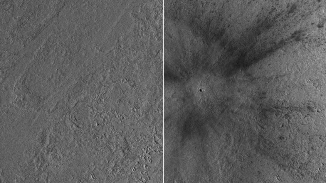 Las fotos de antes y después tomadas por el Mars Reconnaissance Orbiter muestran dónde un meteorito se estrelló contra Marte el 24 de diciembre de 2021.