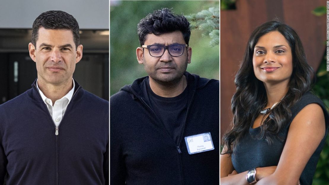 Los ejecutivos despedidos de Twitter Ned Segal, a la izquierda, Parag Agrawal, en el centro, y Vijaya Gadda, a la derecha, dejan la empresa con US$ 187 millones del dinero de Elon Musk.Créditos: Kevin Dietsch/David Paul Morris/Bloomberg/Getty Images