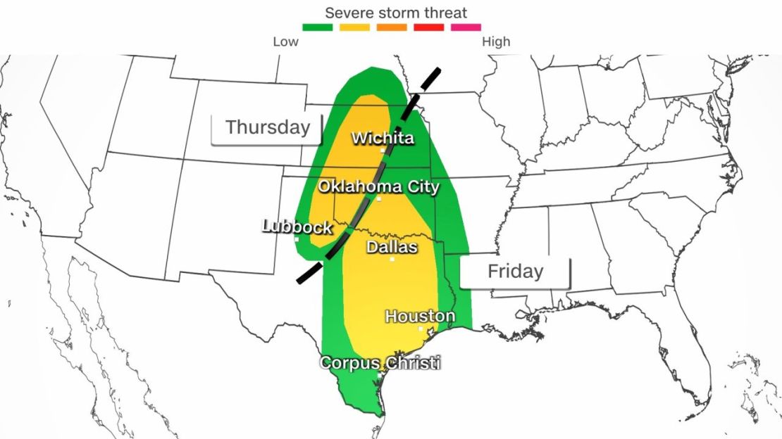 Vuelve la amenaza de tornados al sur de EE.UU. En el mapa se aprecia el riesgo, de menor (verde) a mayor (fucsia).