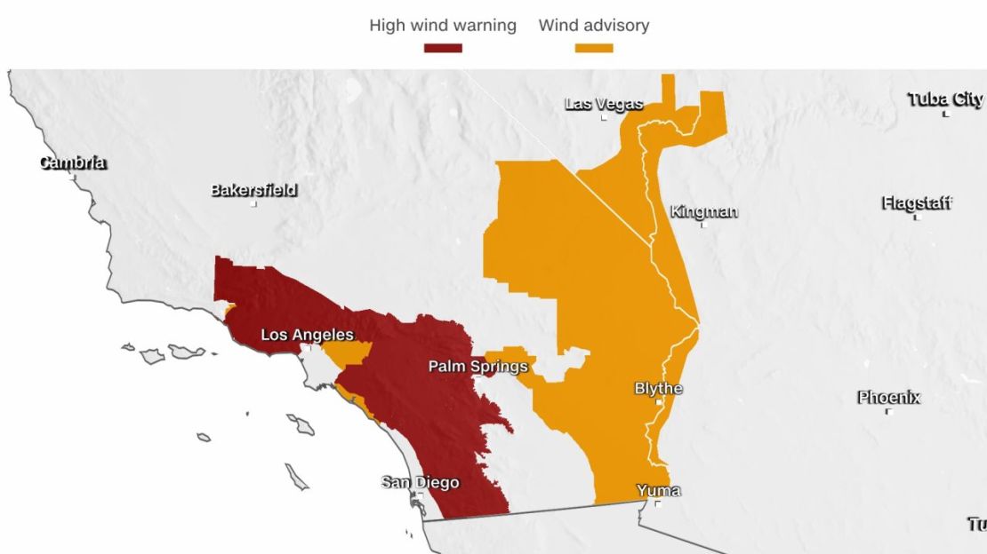 Se han emitido alertas por vientos fuertes en gran parte del sur de California, ya que los vientos de Santa Ana alcanzan su punto máximo este miércoles. En el mapa se pueden apreciar las zonas en rojo bajo advertencia por vientos fuertes y en naranja las zonas bajo aviso por vientos.