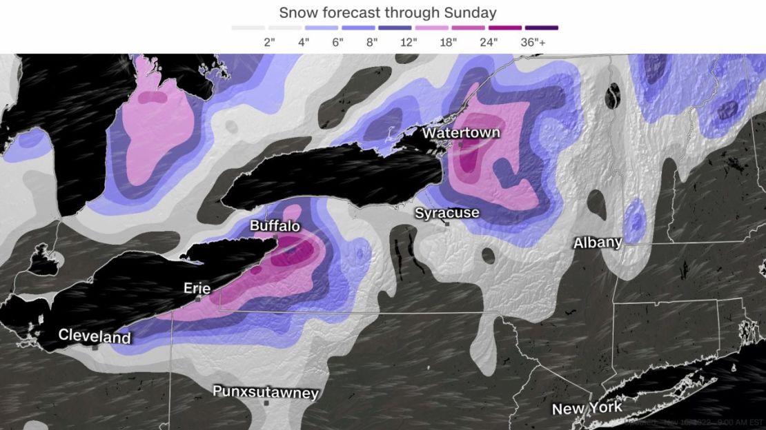 Los totales de nieve de efecto lacustre podrían alcanzar hasta un metro en partes del oeste de Nueva York. El mapa muestra la previsión de caída de nieve hasta el domingo, en pulgadas.