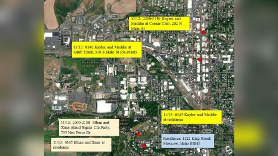 Los investigadores publicaron un mapa que muestra los movimientos de cuatro estudiantes de la Universidad de Idaho la noche en que fueron asesinados.