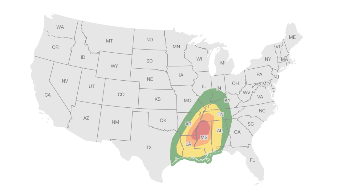 Esta imagen muestra el riesgo de tiempo severo en Estados Unidos este martes. Los colores verdes y amarillos representan el menor riesgo, mientras que el rojo y el naranja indican riesgo alto.