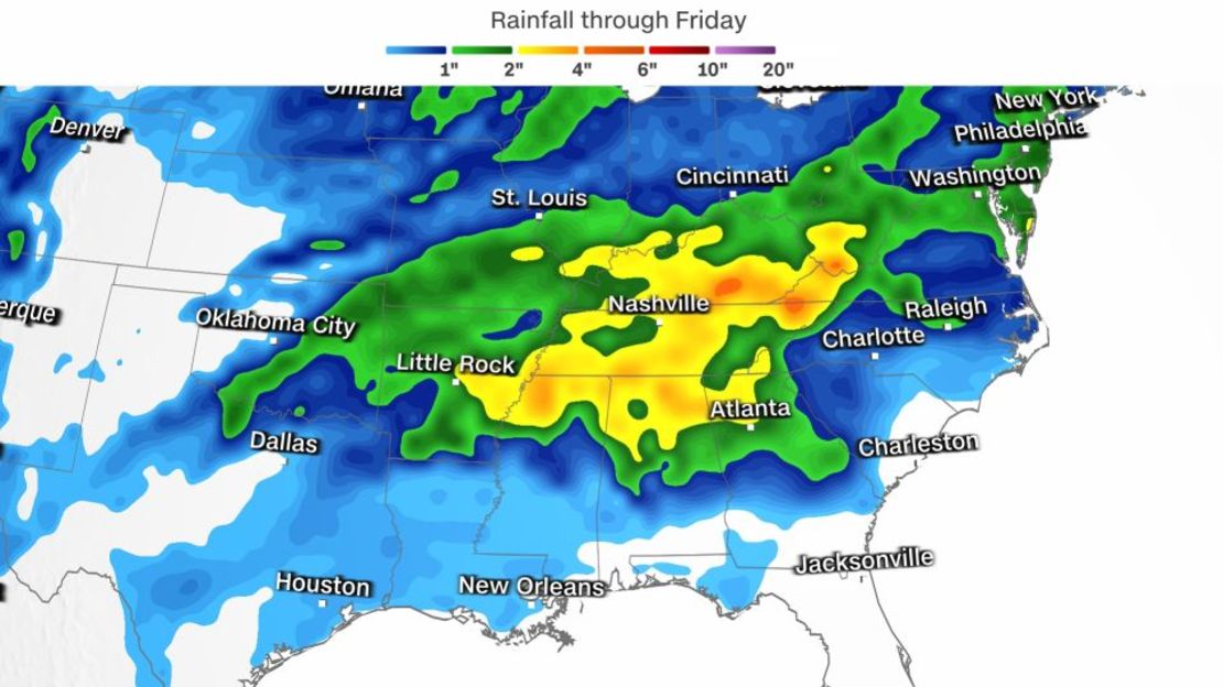 Este gráfico muestra la previsión de lluvias hasta el viernes, en una escala que va de 2,54 cm (1 pulgada) en azul a 50,8 cm (20 pulgadas) en violeta.