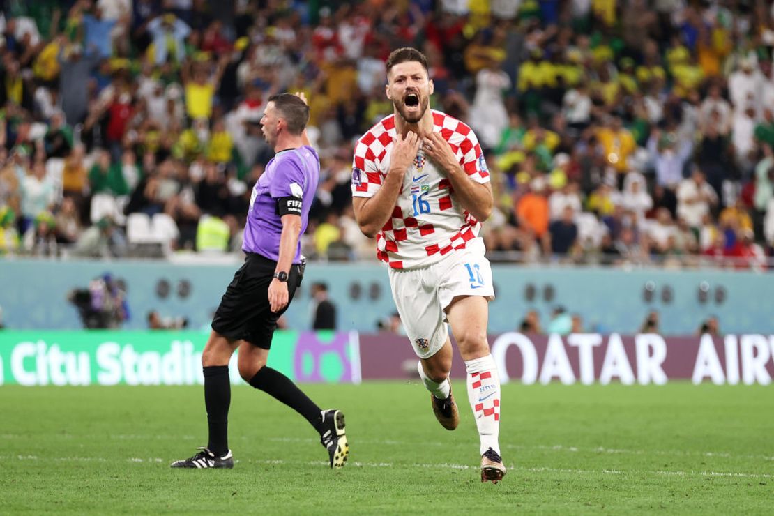 AL RAYYAN, QATAR - DECEMBER 09: Bruno Petkovic of Croatia celebrates after scoring the team's first goal during the FIFA World Cup Qatar 2022 quarter final match between Croatia and Brazil at Education City Stadium on December 09, 2022 in Al Rayyan, Qatar.