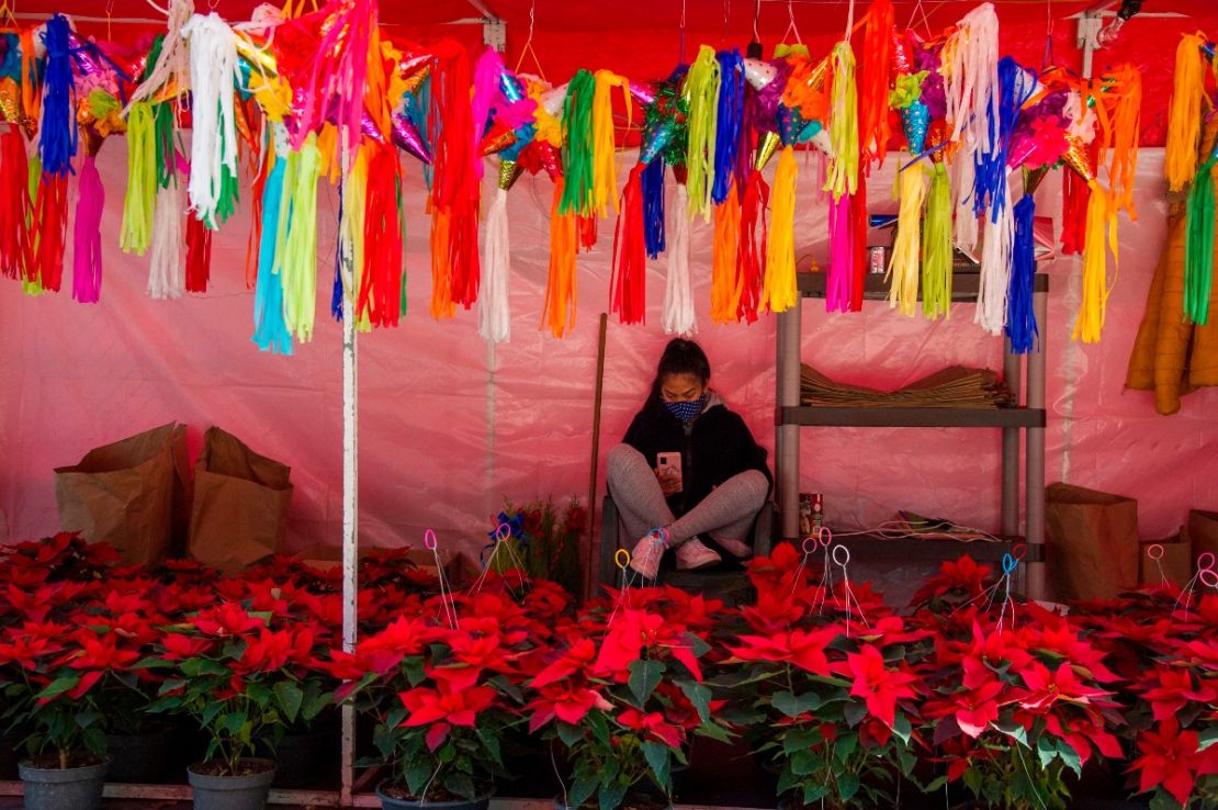 Una mujer vende piñatas y plantas de nochebuena -comúnmente conocida como flor de Nochebuena- en una tienda callejera en Xochimilco, Ciudad de México, el 15 de diciembre de 2020.