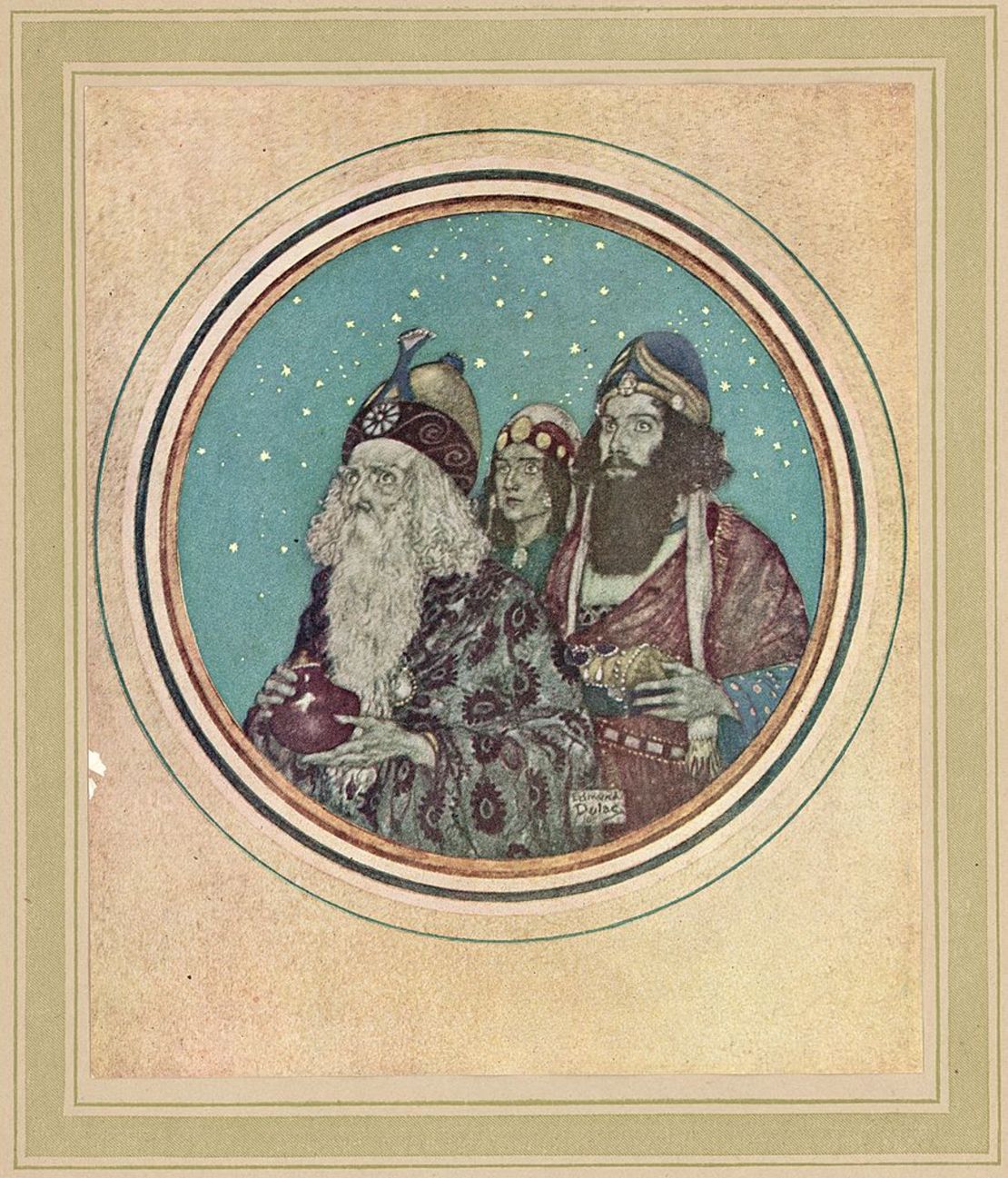 Representación de los Reyes Magos siguiendo la estrella de Edmund Dulac (1882 - 1953).