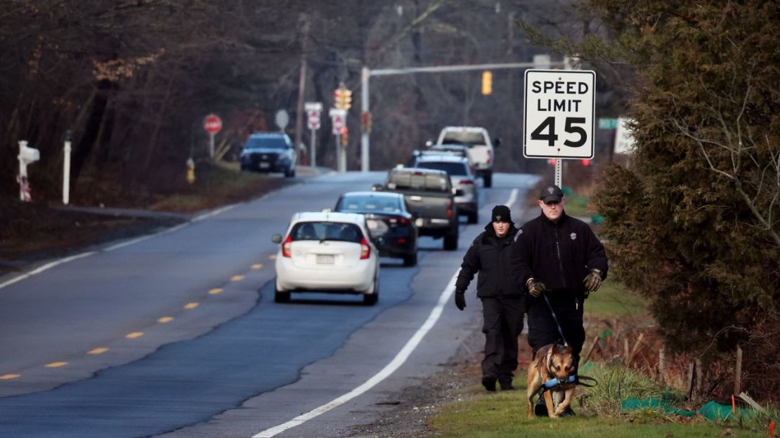 Miembros de una unidad K-9 de la policía estatal buscan a Ana Walshe en una carretera de Cohasset, Massachusetts. Crédito: Craig F. Walker/The Boston Globe/AP