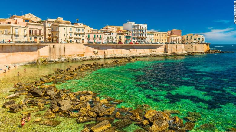 Cityscape of Ortygia. City beach in the historical center of Syracuse, famous place on Sicily, Italy