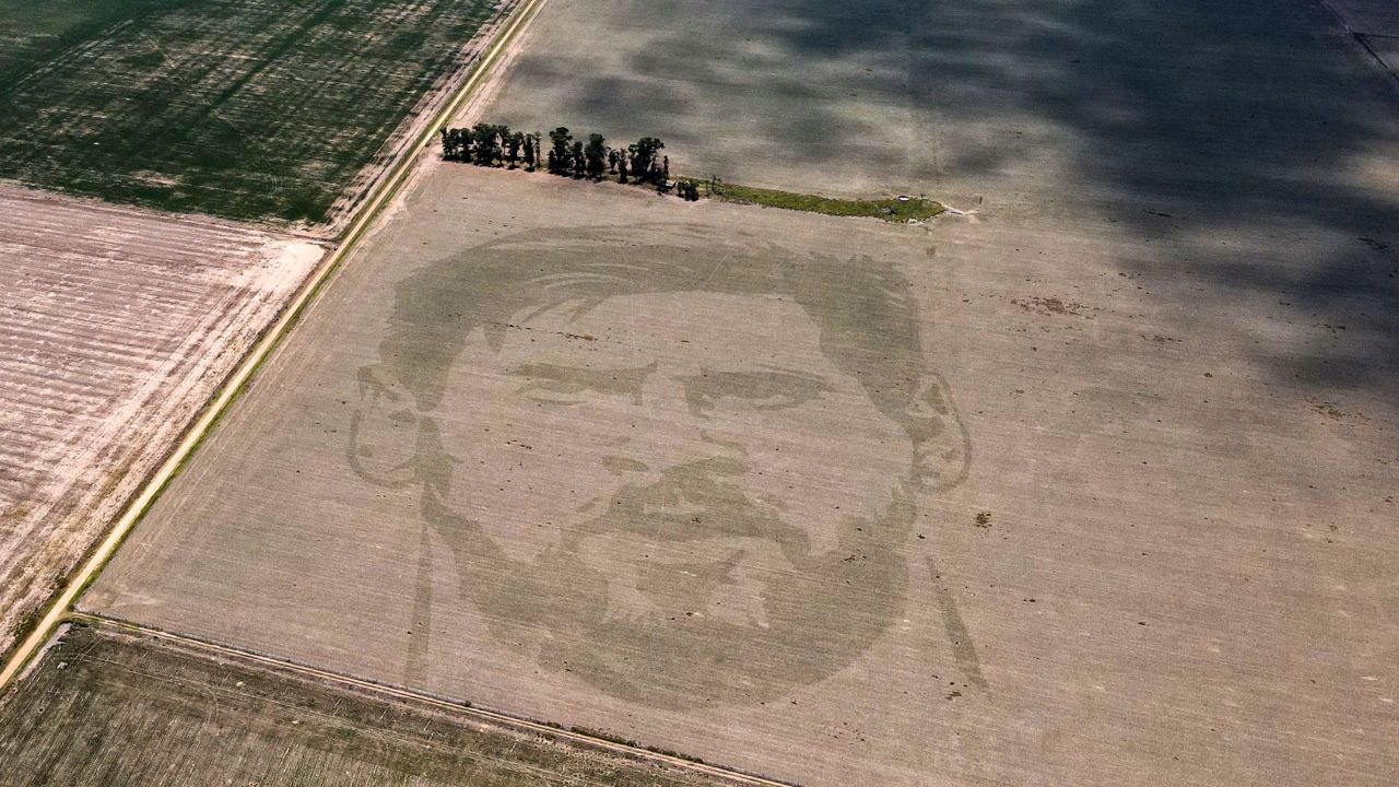 Aerial view of a corn field displaying an image of the face of Argentine football star Lionel Messi, in Ballesteros, Cordoba province, Argentina, on January 19, 2023. - The design, by agricultural engineer Carlos Faricelli, was made using precision planting, and was shared with several agricultural producers, who planted corn in this way to pay tribute to the football star. (Photo by Nicolas AGUILERA / AFP)