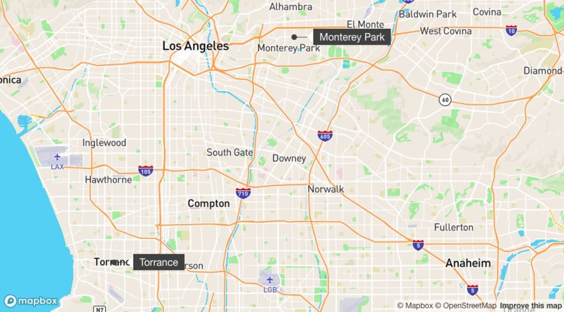 Este mapa señala los lugares clave que visitó el sospechoso de la masacre de Monterey Park, California.