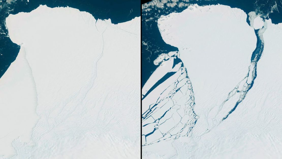 Vista aérea del iceberg que se desprendió el domingo de la plataforma de hielo de Brunt, en la Antártida. Crédito: Unión Europea/Copernicus Sentinel-2 Imagery/Reuters