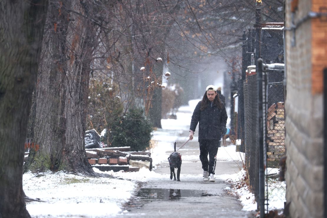 Un hombre camina con su perro en Humboldt Park, Chicago, Illinois el 25 de enero de 2023.