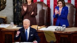 WASHINGTON, DC - MARCH 01: U.S. President Joe Biden delivers the State of the Union address flanked by Vice President Kamala Harris and House Speaker Nancy Pelosi (D-CA) during a joint session of Congress in the U.S. Capitol’s House Chamber on March 01, 2022 in Washington, DC. During his first State of the Union address, Biden spoke on his administration’s efforts to lead a global response to the Russian invasion of Ukraine, efforts to curb inflation and bringing the country out of the COVID-19 pandemic.