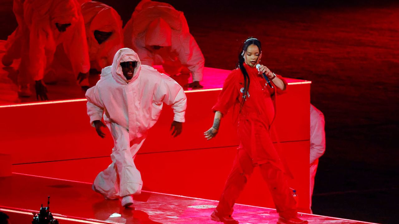Rihanna performs onstage during the Apple Music Super Bowl LVII Halftime Show