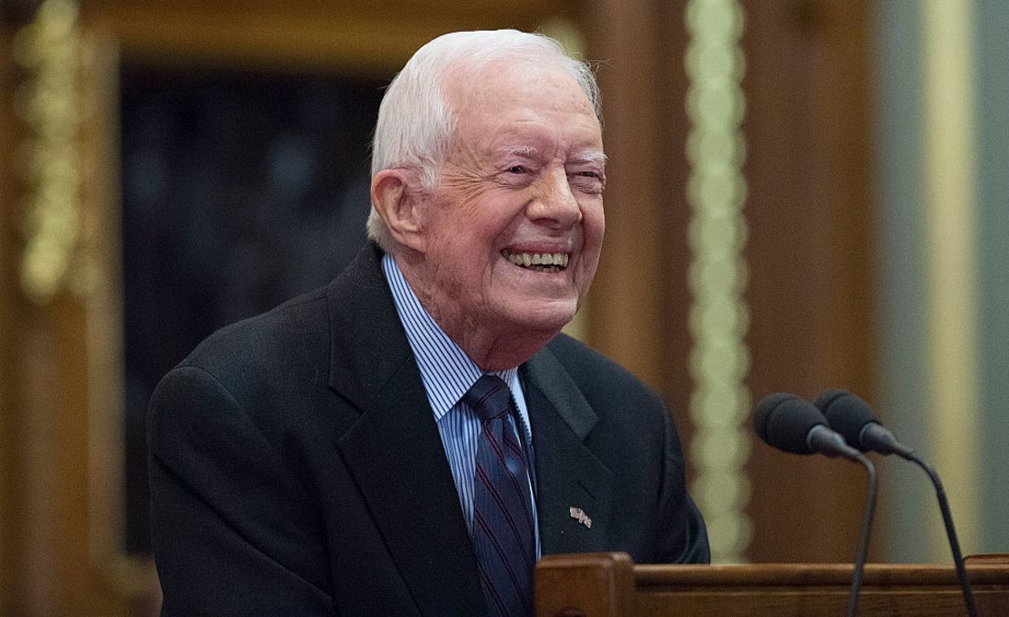 Former US President Jimmy Carter delivers a lecture on Guinea worm eradication on February 3, 2016 in London. Credit: Eddie Mullholland-WPA Pool/Getty Images